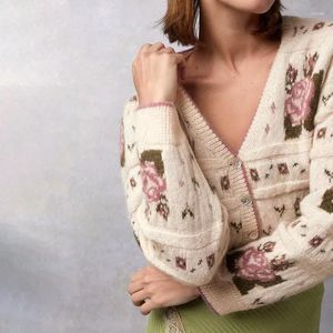 Damskie dzianiny Boho inspirowane Ecru Floral haftowane jacquard kardiganowe kobiety w stylu dekoltu w dół przycięty sweter jesienny zima