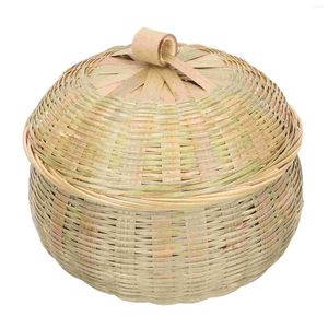 Conjuntos de louça de mercearia cesta de armazenamento tampa pequena bin sundries organizador bambu tecelagem folha de chá