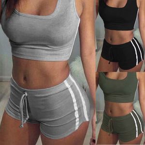 Completi da yoga Donna Set di abbigliamento sportivo da yoga sexy Tuta da fitness Completo da spiaggia Crop Top Set sportivo da corsa Gilet a righe Abiti corti estivi 230404