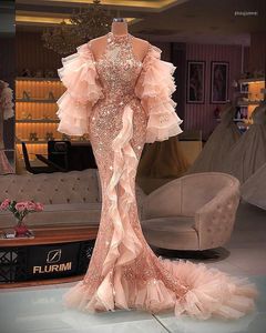 Party Dresses Plus Size Arabic Aso Ebi Mermaid Prom Blush Pink Lace Beaded Puffy Ruffles Sleeve High Split Evening Reception Gown
