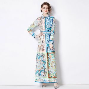 Basic Casual Dresses 2024 Spring Newest Fashion Runway Turn Down Collar Maxi Dress Women's Long Sleeve Retro Floral Printed Designer Long Vestidos