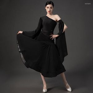 Stage Wear Slant Shoulder Ballroom Dance Costume Black Tops Skirt Women Competition Dress Waltz Modern BL9856