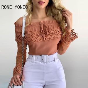 Women's Blouses Shirts Women Chic Solid Slash Neck Long Mesh Sleeves Hollow Out Bodycon Sexy Blouse Tops 230404