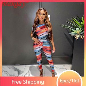 Women's Two Piece Pants 6sets Fashion Striped Print Outfits Sexy Skinny Set Short Sleeve Tshirt Female Suits Tracksuit Wholesale B10875