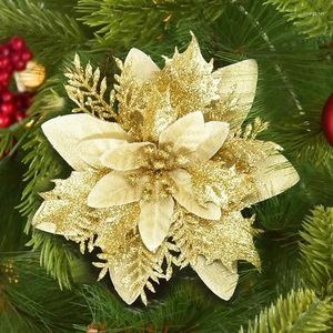 Dekorativa blommor 5st 14 cm jul glitter konstgjorda rött guldblomma huvud bär diy xmas träd prydnadsdekorationer för hemåret år