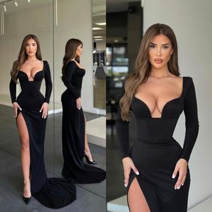 Elegant Black Prom Dresses Long Sleeves Party Evening Dress Thigh Slit Sheath Red Carpet Guest bridesmaid dress