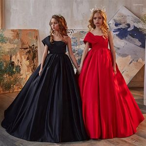 Mädchenkleider, rot/schwarz, Satin-Blumenkleid für Hochzeit, ärmellos, einfarbig, flauschig, Prinzessin, Geburtstagsfeier, Erstkommunion, Ballkleider