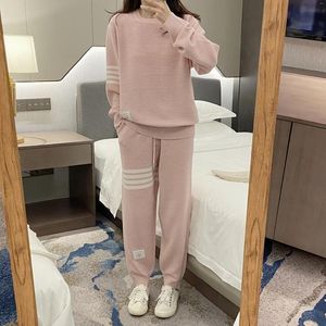 Women's Two Piece Pants Korean StyleTB High-end Fashion Version Horizontal Stripe Pattern Four Round Neck Sweater Wool Knitting Suit