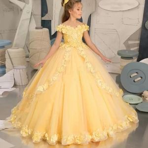 Vestidos da menina amarelo 3d applique fofo tule flor vestido para casamento elegante pequenas crianças primeira comunhão vestidos de festa de aniversário