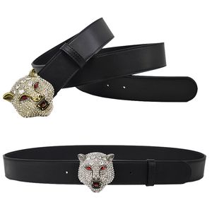 Western Rhinestone Tiger Design Alloy Black Leather Men Belt Fashion Business Luxury Pair Jeans Causal Pants Strap