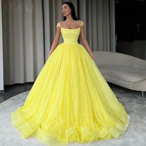 Nowoczesna żółta tiulowa sukienka balowa 2024 CAP Square kołnierz Formalne wieczorne suknie imprezowe Kobiety abendkleider szata de soriee