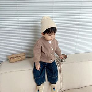 Jackets Korean Autumn 2023 Ins Infant Boys Cardigan Cotton Waffle Long Sleeve V Neck Baby Coat Solid Versatile Toddler Outfits