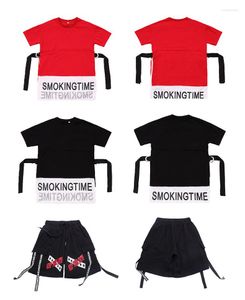 Bühnenkleidung Kinder Rot Schwarz Lange T-Shirts Tops Shorts Hip Hop Kostüme für Mädchen Jungen Jazz Dance Kostüm Modern Show Gesellschaftstanz Kleidung