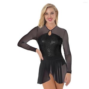 Scene Wear Women Sheer Mesh Ballet Dress Skating Spleatards Glitter paljetter långärmad asymmetrisk hem lyrisk danskläder