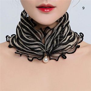 Scarves Women Print Neck Collar Fake Pearl Pendant Lace Scarf Elasticity Ruffle Wrap Chiffon Bandana Headband