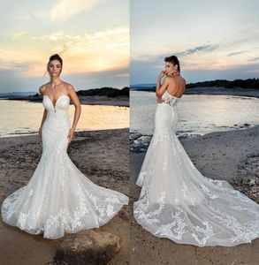 Eddy K 2021 Bröllopsklänningar Sexig älskling Öppen Back Bridal Gowns Custom Made Lace Applicques Sweep Train Mermaid Robe de Soiree3495616