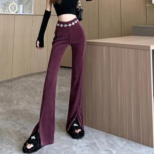 Women's Pants Spring Autumn Women Corduroy Fashion Elastic High Waist Wide Leg Trousers Vintage Black Split For Ladies