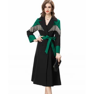 Women's Runway Trench Coats Notched Collar Long Sleeves Tassels Detailing Color Block Double Breasted Fashion Outerwear