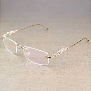 2023 Occhiali firmati New Vintage Leopard Rimless Clear Stone Montatura in vetro trasparente Occhiali di lusso Accessori uomo Occhiali Oculos 6384