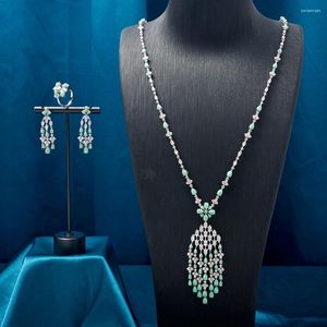 Комплект ожерелья и сережек TIRIM, бирюзовые длинные для женщин, ожерелье/серьги/кольца, ювелирные изделия, подвеска с кисточками, свадебные украшения