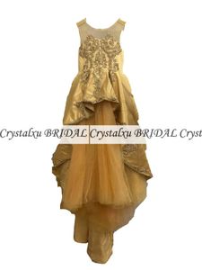 2023 Gold Flower Girl Dresses Jewel Neck Ball Gown Lace Appliques Beads With Bow Kids Girls Pageant Dress Sweep Train Birthday Gowns Real Image