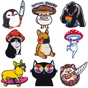 Animal Iron on Patches Cute Cat and Mushroom Embroidered Patch Applique for Caps Bags Jackets Vests DIY Accessories