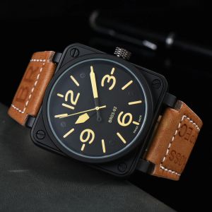 Designer Mens Wristwatches Men Bell Automatisk mekanisk klocka brunt läder svart gummi ross armbandsur klockor gåva