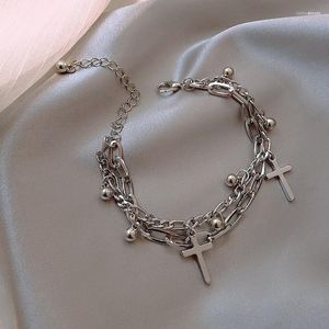 Charm Armband U-Magical Fashion Metallic Cross Armband för kvinnor Vintage Pärlor Dubbelskikt Chunky Chain Party Jewelry