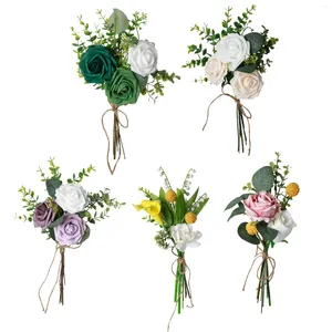 Fiori decorativi Stile foresta Bouquet di fiori simulato Sposa con vaso floreale Disposizione di piante verdi Ornamenti Decorazioni per la casa di nozze