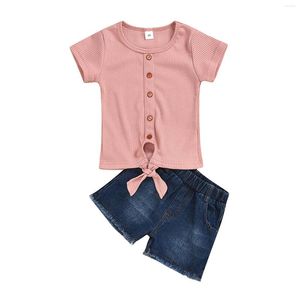 Kläduppsättningar Småbarn Girls Kort ärm Solid T -skjorta Toppar och jeans Shorts 2st Summer Outfitsset Hoodies Girl Clothes