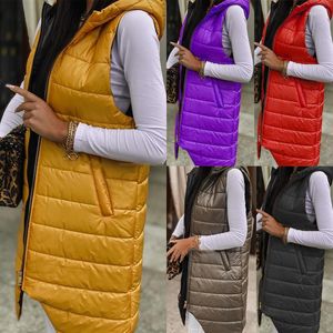 Women's Vests Women Cardigan Round Neck Autumn And Winter Solid Color Temperament Commuting Hooded Sleeveless Pocket Mid-length Zipper