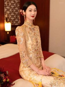 Roupas étnicas estilo chinês noiva brilhante champanhe lantejoulas cheongsam tradicional beading borlas vestido de casamento alta divisão qipao