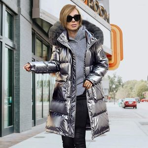Women's Trench Coats Casual Big Pockets Bright Leather Cotton Liner Jackets Long Sleeve Hooded Fur Collar Solid Warm Coat 2023 Winter Tops