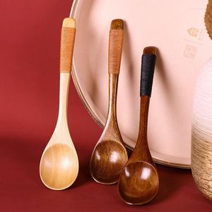 Dinnerware Sets 1set 18cm Wooden Spoon Chopsticks Set Japanese Travel Portable Twine Tableware Cloth Bag Household Soild Color