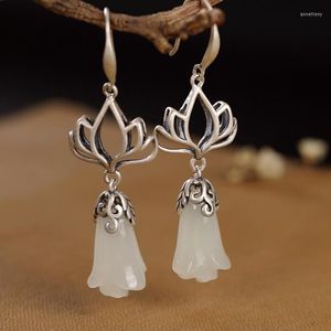 Dangle Earrings Original Design Natural Hetian White Jade Magnolia Flower Chinese Style Retro Charm Women's Brand Silver Jewelry