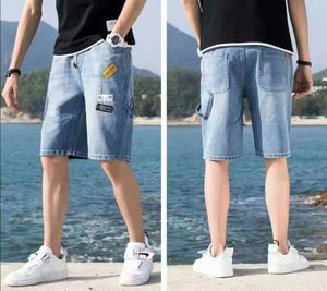 Jeans masculinos verão shorts finos de jeans mensagens capris soltas de cintura elástica casual colada pano impresso em tubo reto desgaste de hip hop homens