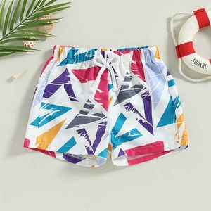 Shorts 2023 Summer Kids Boys Swim Trunks Geometric/ Wavy Print Elastic Drawstring Beach Shorts Toddler Swimwear Bathing Suit New AA230404