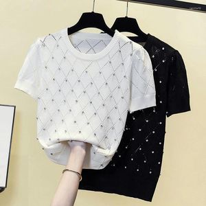 Women's Sweaters Casual Pullover O Neck Knitted Tshirt Summer Sweet Pineapple Embroidery Diamonds Hollow Out Sweater Tops Knitwear