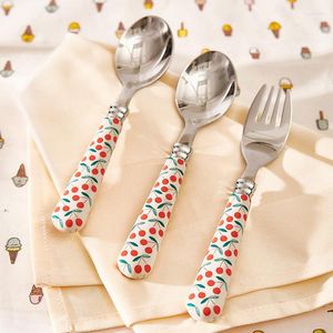 Servis sätter barn Set Lovely Cherry Spoon and Fork 304 rostfritt stål reseskal