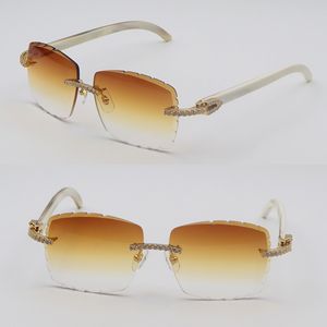 Heiße Moissanit-Diamant-Set, randlose Sonnenbrille für Damen, Karat-Diamant-Sonnenbrille, Original-weiße Streifen, echtes Naturhorn, Herren- und Damen-Luxus-Sonnenbrille, neue Linse