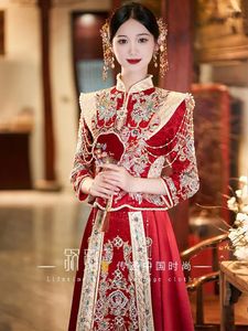 Etnisk kläd Brud Satinsekvenser Beading Tassels Wedding Dress Chinese Style Bankettklänning Vintage broderad cheongsam