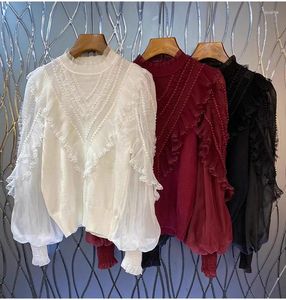 Kvinnors tröjor toppar mode 2023 Autumn Winter White Red Black Jumpers Ladies Beading Lace Patchwork Långärmad avslappnad tröjor