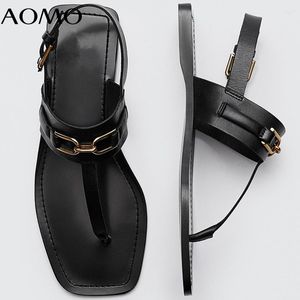 Sandals AOMO Indie Folk Vintage Genuine Leather Fashion Gold Buckle Summer Roma Women Shoes Woman AZH7