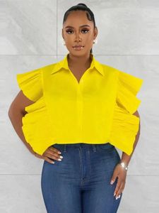 Kvinnors blusar Kvinnor Toppar Ruffles Sleeve Pleated Wid Down Collar Buttons African Fashion Elegant Office Ladies Shirts in Sets