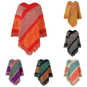 Scarves Women's Contrasting Color Striped Knitted Cape With Tassel Shawl Formal Wrap For Evening Dresses