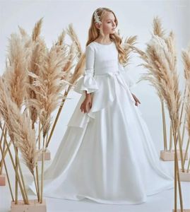 Abiti da ragazza Fiore bianco Fiocco Manica lunga Matrimonio Compleanno Abito da ballo Prom Giovane damigella d'onore Abito da festa Robe Fille Mariage