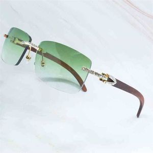 2023 Designer Glasögon Modell Trä Men Rhinestone Rimless Square Craved Wood Sun Glasses Shades Iced Out Decoration Eyewear RRP7 Solglasögon