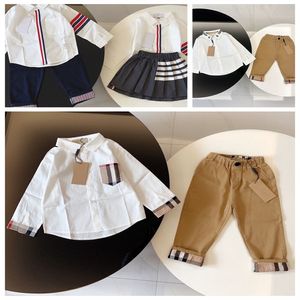 Children's designer spring and autumn new long-sleeved shirt with trousers set letter embroidery check lapel casual fashion children's two-piece set F019