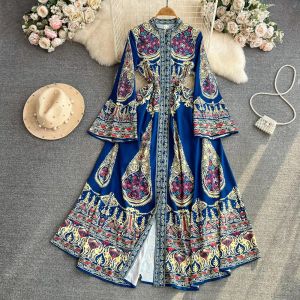 Basic Casual Dresses 2024 Women Dresses Spring Autumn Runway Fashion Stand Collar Long Flare Sleeve Paisley Print Vintage Party Maxi Vestidos