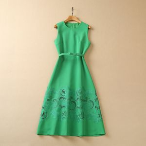 Casual Dresses European and American women's clothes 2023 spring new Round neck Sleeveless cut-out embroidery fashion Pleated dress belt